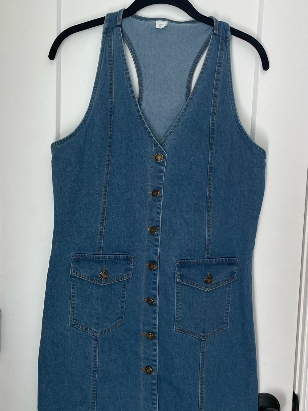 Sleeveless Denim Button-Front Mini Dress - Blue - Picture 2 of 4
